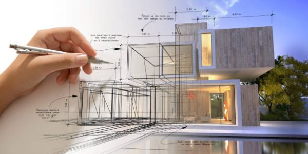 Hand drafting a modern white villa with a pool