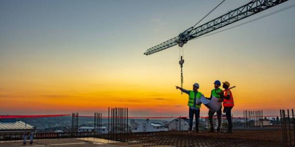 Three Multi-Ethnic construction workers in uniform standing at construction site with crane in background, discussing building plans while holding blueprint at sunset under the tower crane.